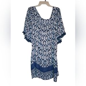 Uncle Frank Navy Blue/White geometric print dress with fringe detail, M